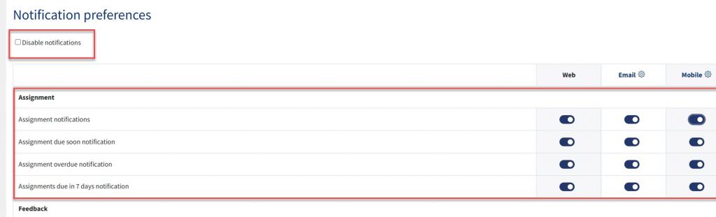 Notification preferences screen with the disable all option highlighted and the assignments sections